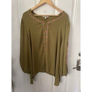 The Pioneer Woman XL Floral Embroidered Balloon Sleeve Top Olive Asymmetrical